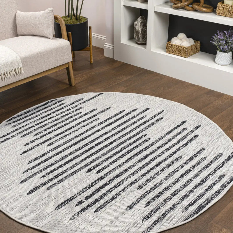 6' Ivory And Black Round Striped Indoor Outdoor Area Rug - GreatEagleInc