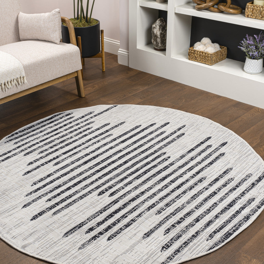 6' Ivory And Black Round Striped Indoor Outdoor Area Rug - GreatEagleInc