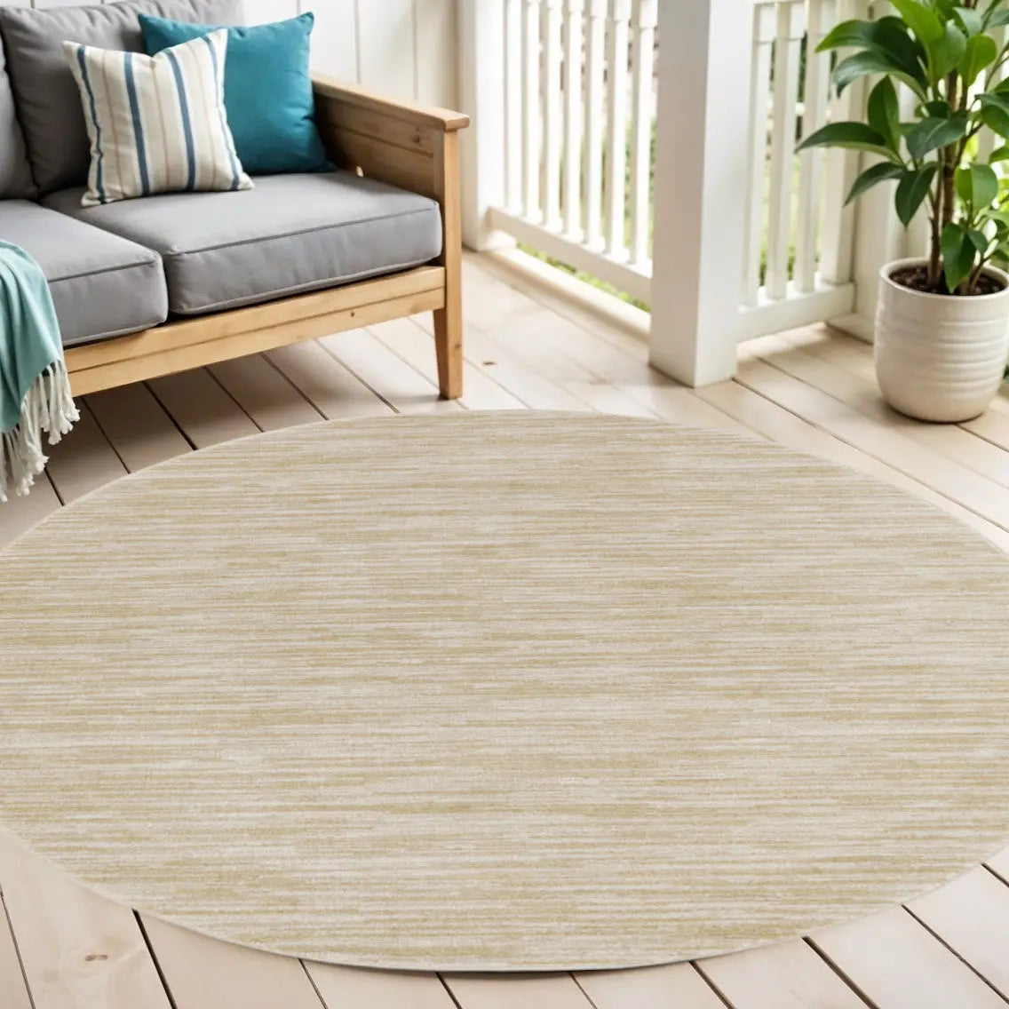 6' Ivory And Gold Round Abstract Indoor Outdoor Area Rug Homeroots Outdoor