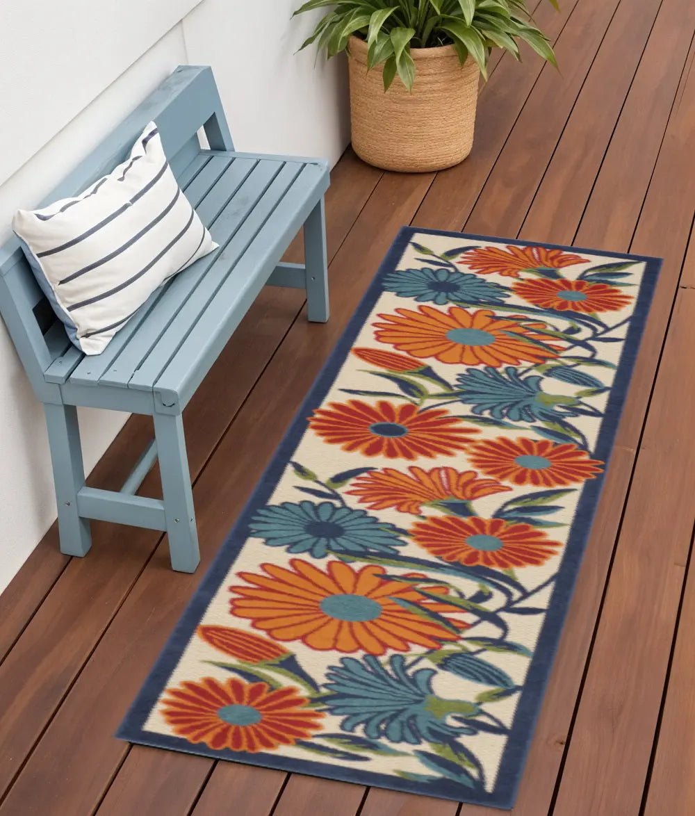 6' Ivory Blue And Orange Floral Indoor Outdoor Runner Rug Homeroots Outdoor