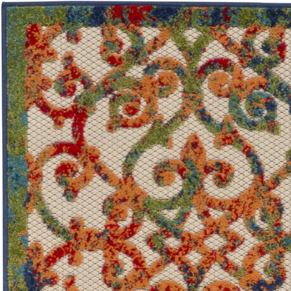 6' Ivory Blue Orange And Green Trellis Indoor Outdoor Runner Rug Homeroots Outdoor