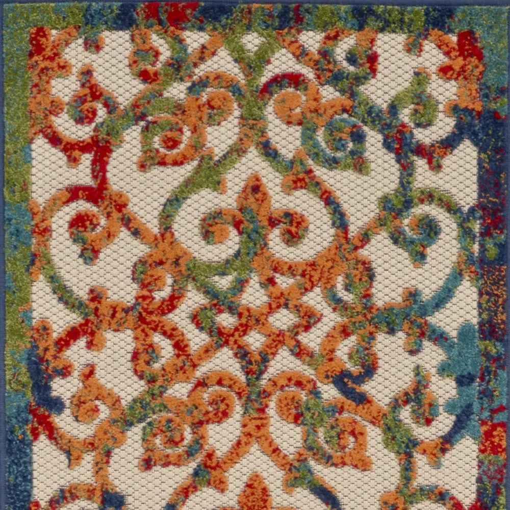 6' Ivory Blue Orange And Green Trellis Indoor Outdoor Runner Rug Homeroots Outdoor