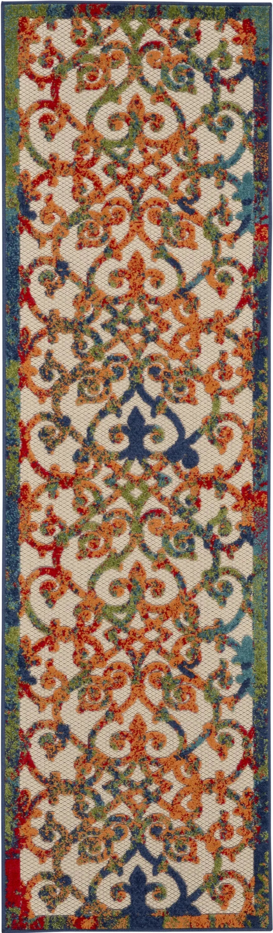 6' Ivory Blue Orange And Green Trellis Indoor Outdoor Runner Rug Homeroots Outdoor