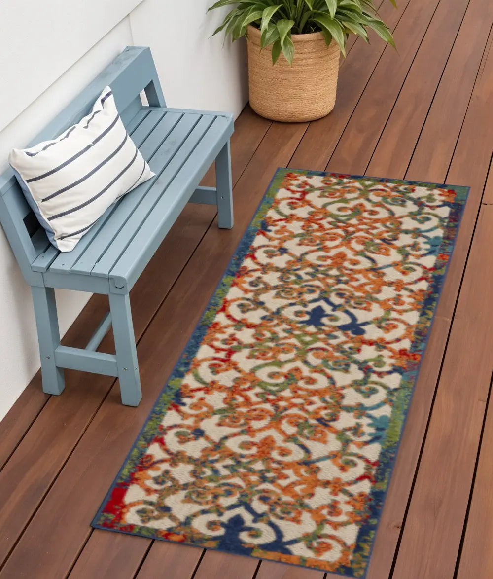 6' Ivory Blue Orange And Green Trellis Indoor Outdoor Runner Rug Homeroots Outdoor
