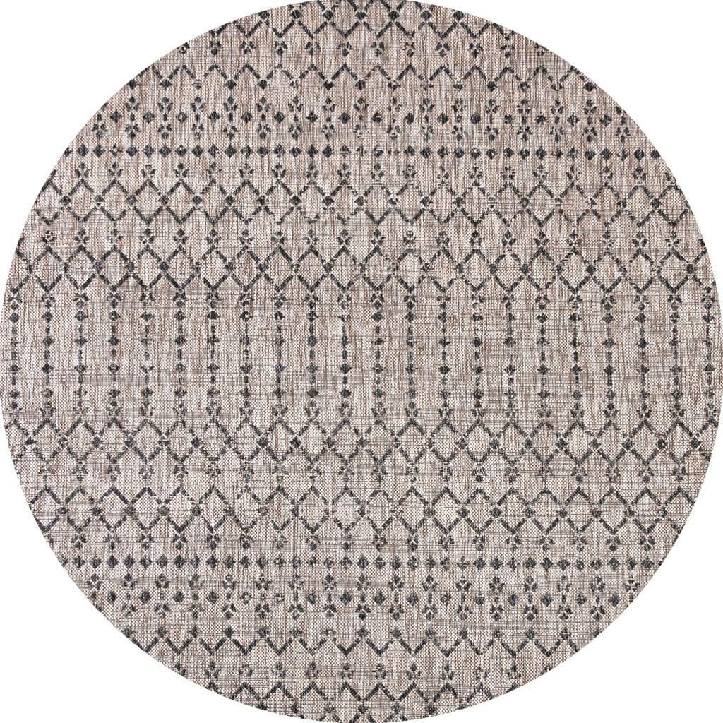 6' Natural And Black Round Trellis Indoor Outdoor Area Rug - GreatEagleInc