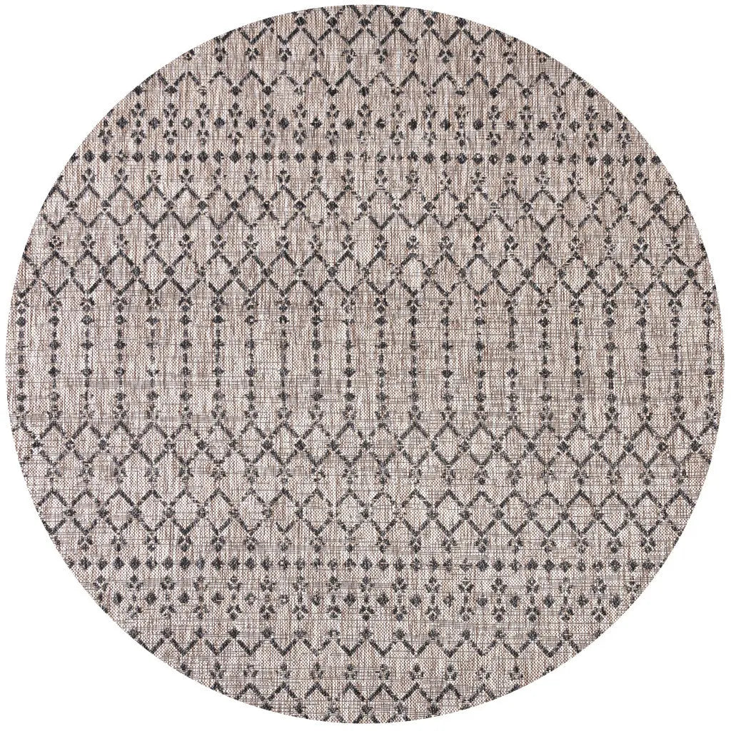 6' Natural And Black Round Trellis Indoor Outdoor Area Rug - GreatEagleInc