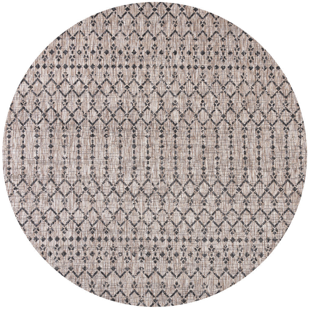 6' Natural And Black Round Trellis Indoor Outdoor Area Rug - GreatEagleInc