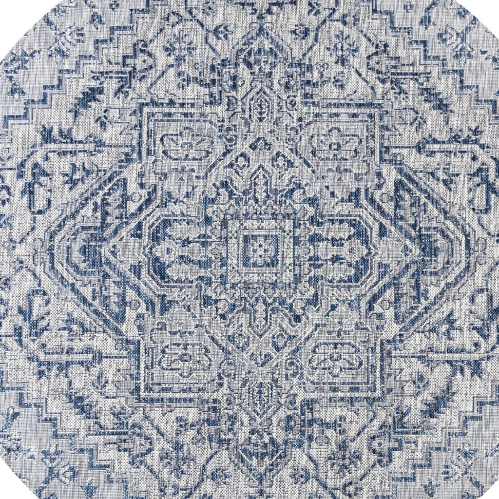 6' Navy Blue And Gray Round Medallion Indoor Outdoor Area Rug - GreatEagleInc