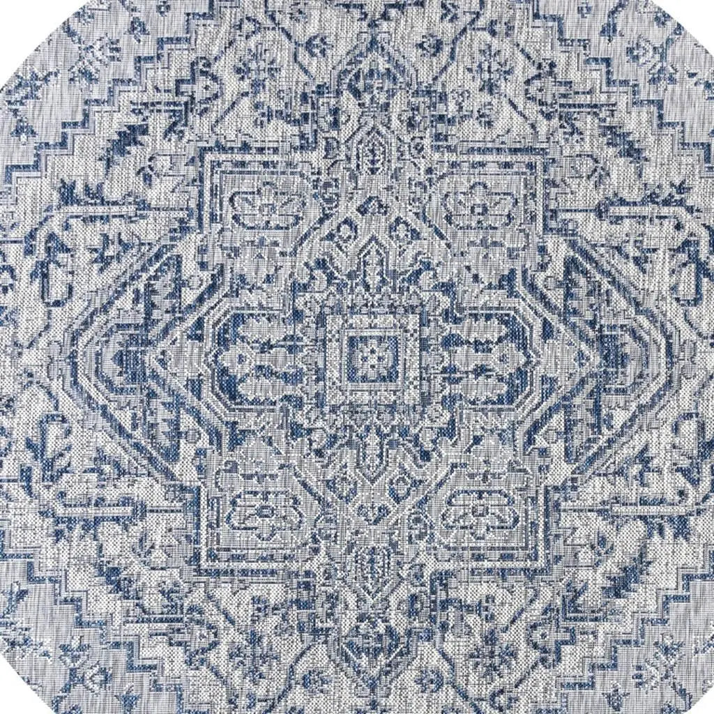 6' Navy Blue And Gray Round Medallion Indoor Outdoor Area Rug - GreatEagleInc