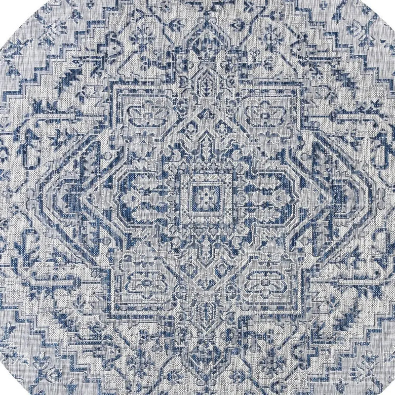6' Navy Blue And Gray Round Medallion Indoor Outdoor Area Rug - GreatEagleInc