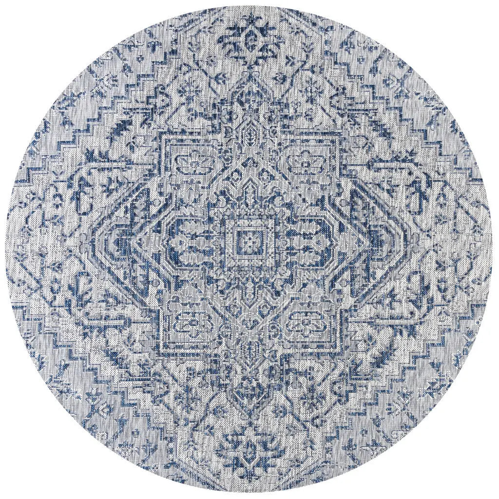 6' Navy Blue And Gray Round Medallion Indoor Outdoor Area Rug - GreatEagleInc