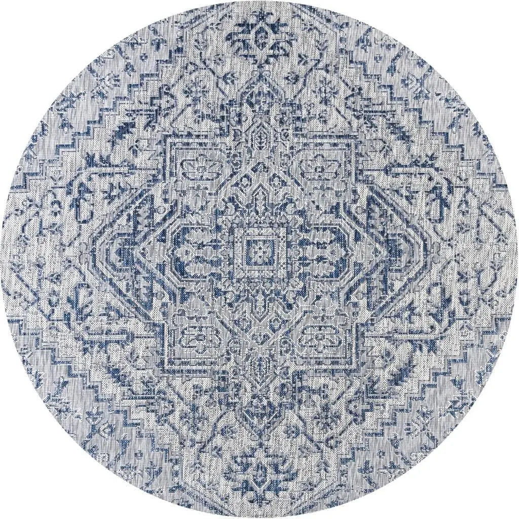 6' Navy Blue And Gray Round Medallion Indoor Outdoor Area Rug - GreatEagleInc