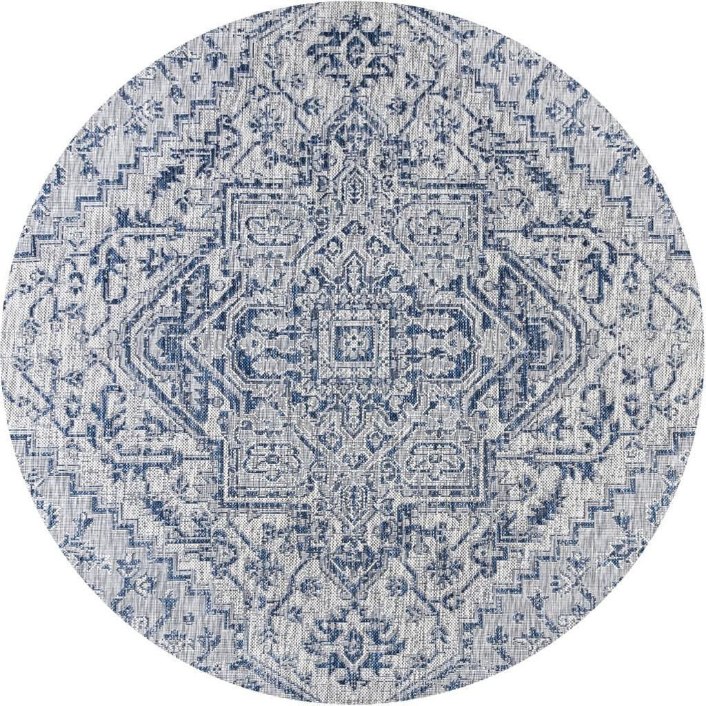 6' Navy Blue And Gray Round Medallion Indoor Outdoor Area Rug - GreatEagleInc