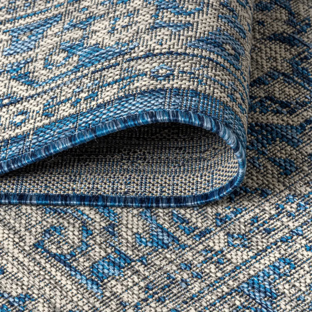 6' Navy Blue And Gray Square Medallion Indoor Outdoor Area Rug Homeroots Outdoor