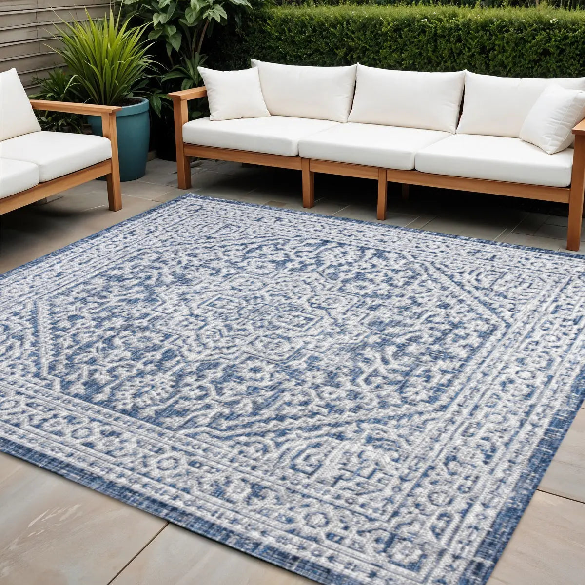 6' Navy Blue And Gray Square Medallion Indoor Outdoor Area Rug Homeroots Outdoor