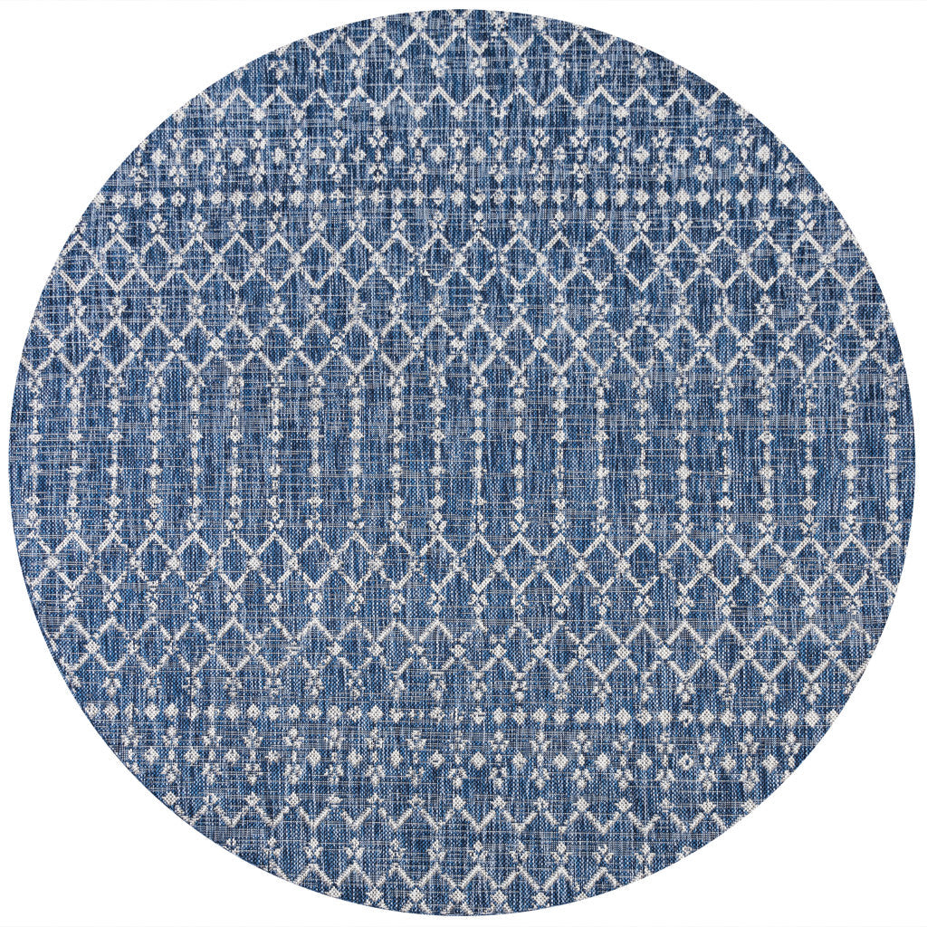 6' Navy Blue And Light Gray Round Trellis Indoor Outdoor Area Rug - GreatEagleInc