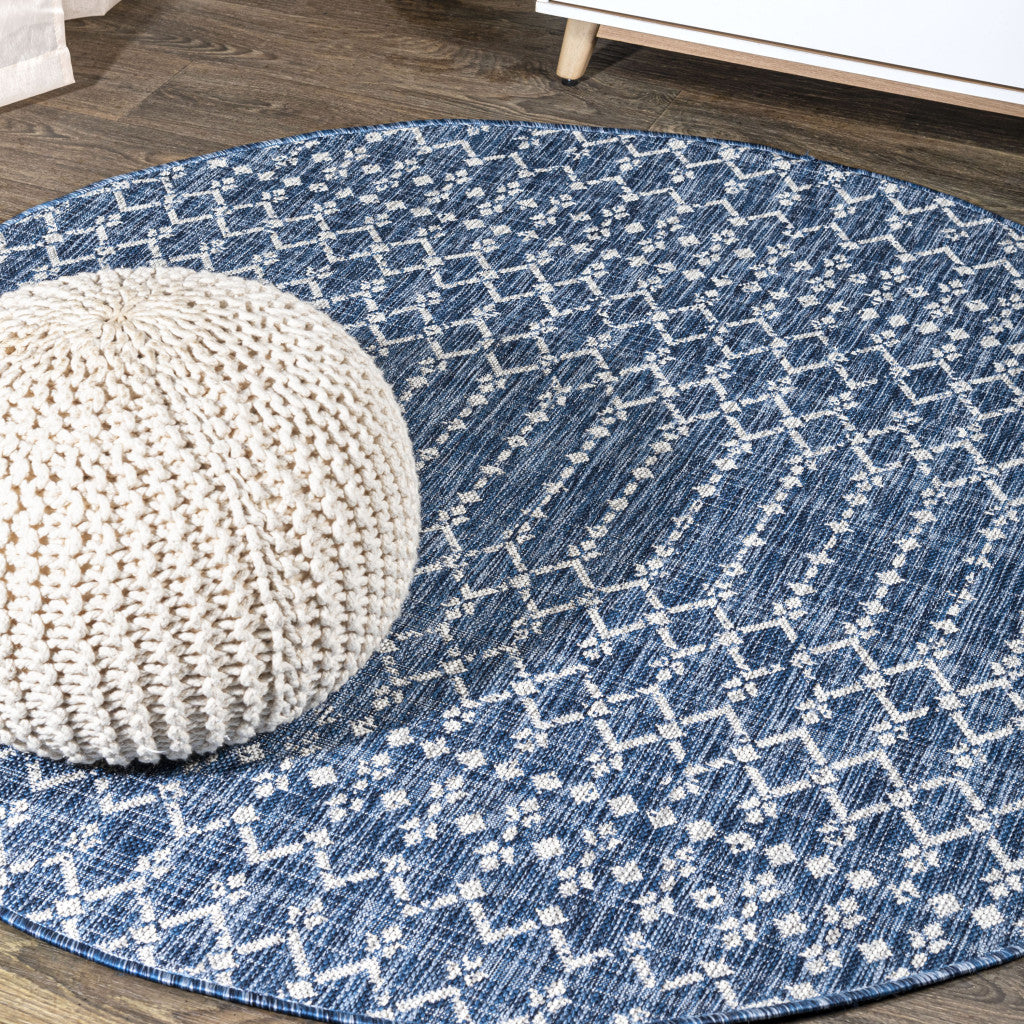 6' Navy Blue And Light Gray Round Trellis Indoor Outdoor Area Rug - GreatEagleInc