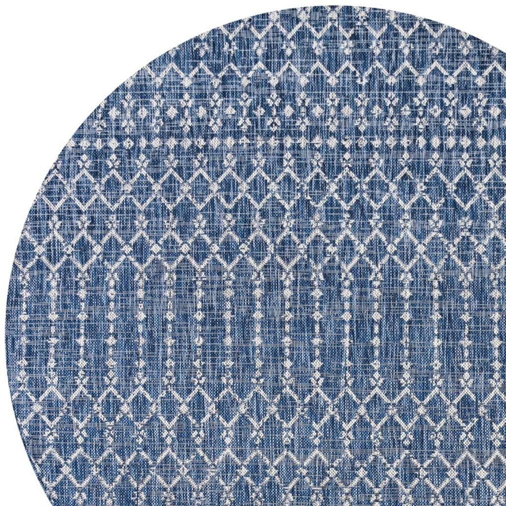 6' Navy Blue And Light Gray Round Trellis Indoor Outdoor Area Rug - GreatEagleInc