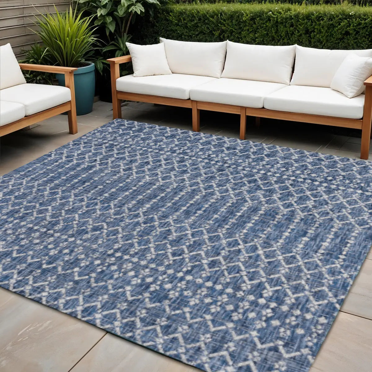 6' Navy Blue And Light Gray Square Trellis Indoor Outdoor Area Rug Homeroots Outdoor