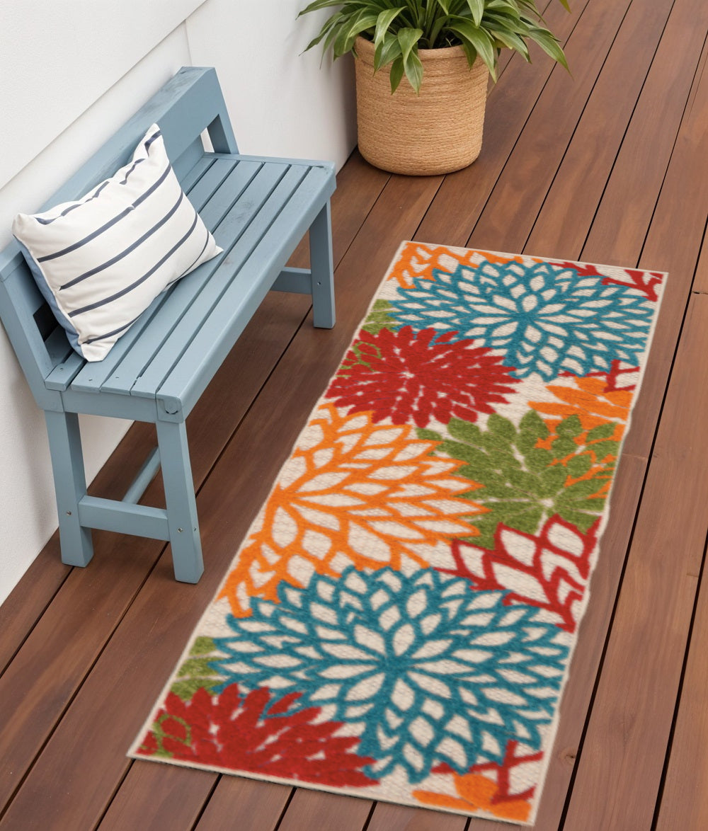 6' Orange Red Green And Blue Floral Indoor Outdoor Runner Rug Homeroots Outdoor