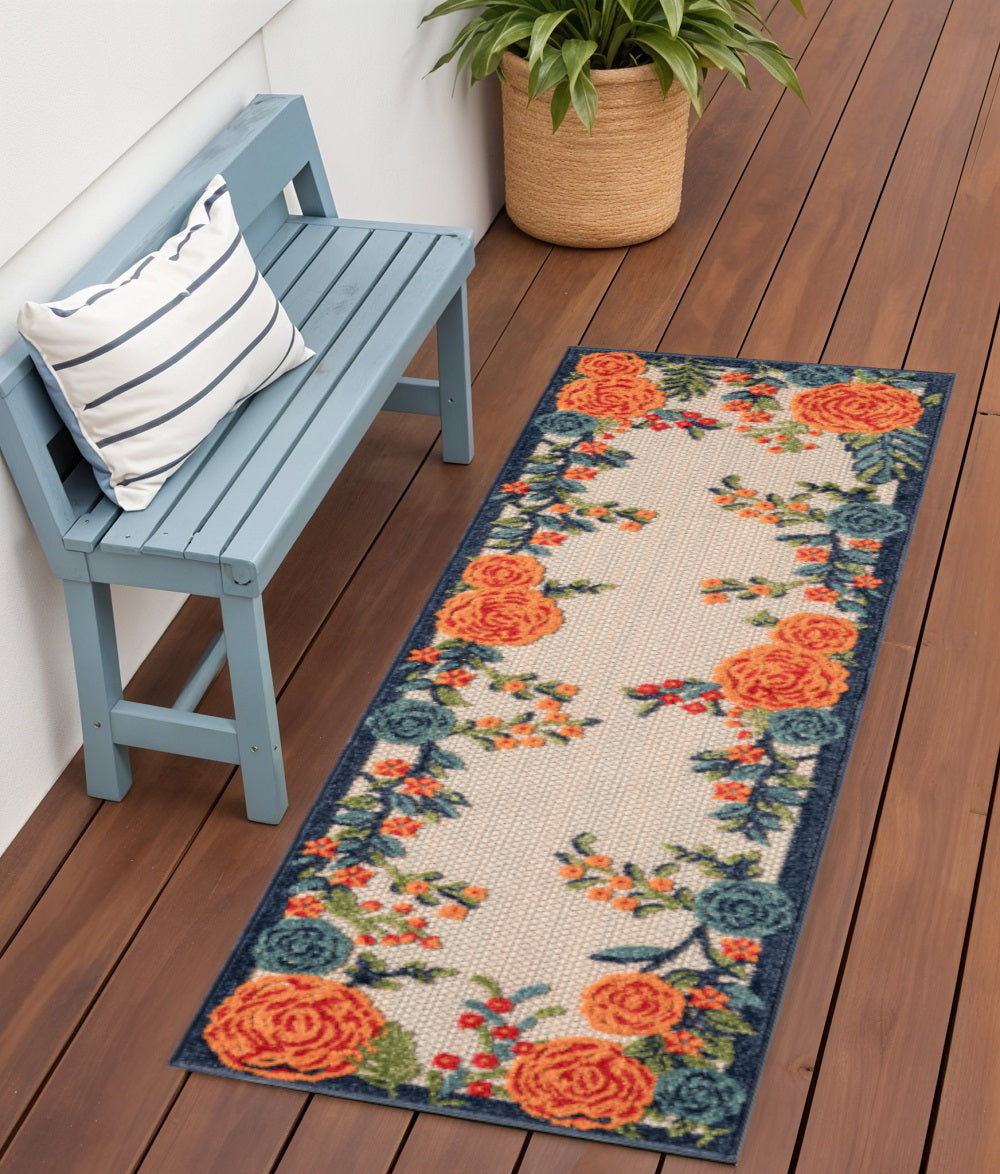 6' Red Beige Blue Orange And Red Floral Indoor Outdoor Runner Rug Homeroots Outdoor