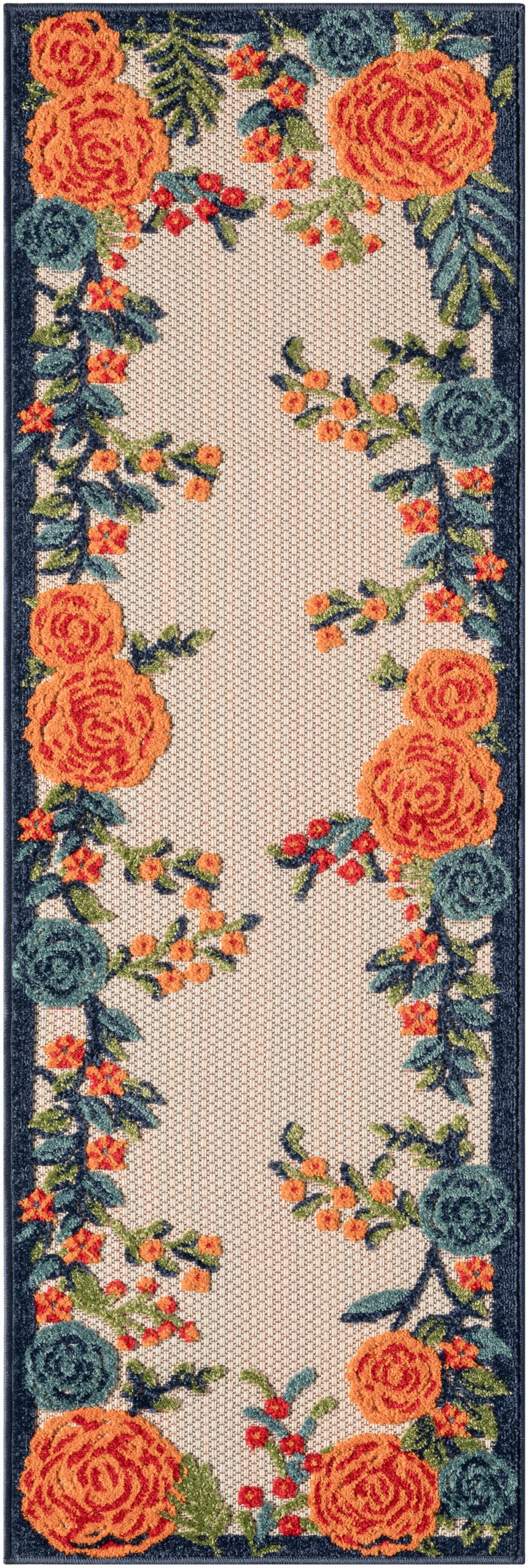 6' Red Beige Blue Orange And Red Floral Indoor Outdoor Runner Rug Homeroots Outdoor