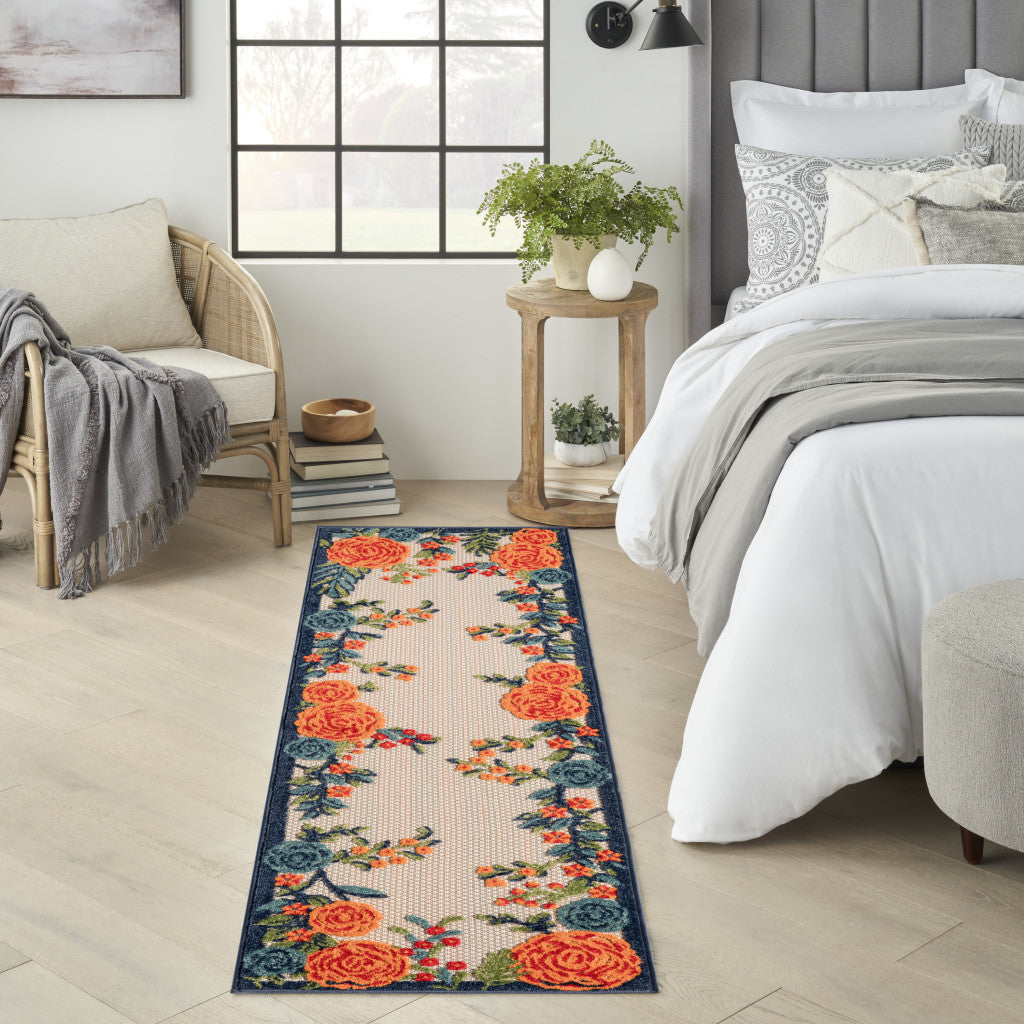 6' Red Beige Blue Orange And Red Floral Indoor Outdoor Runner Rug Homeroots Outdoor