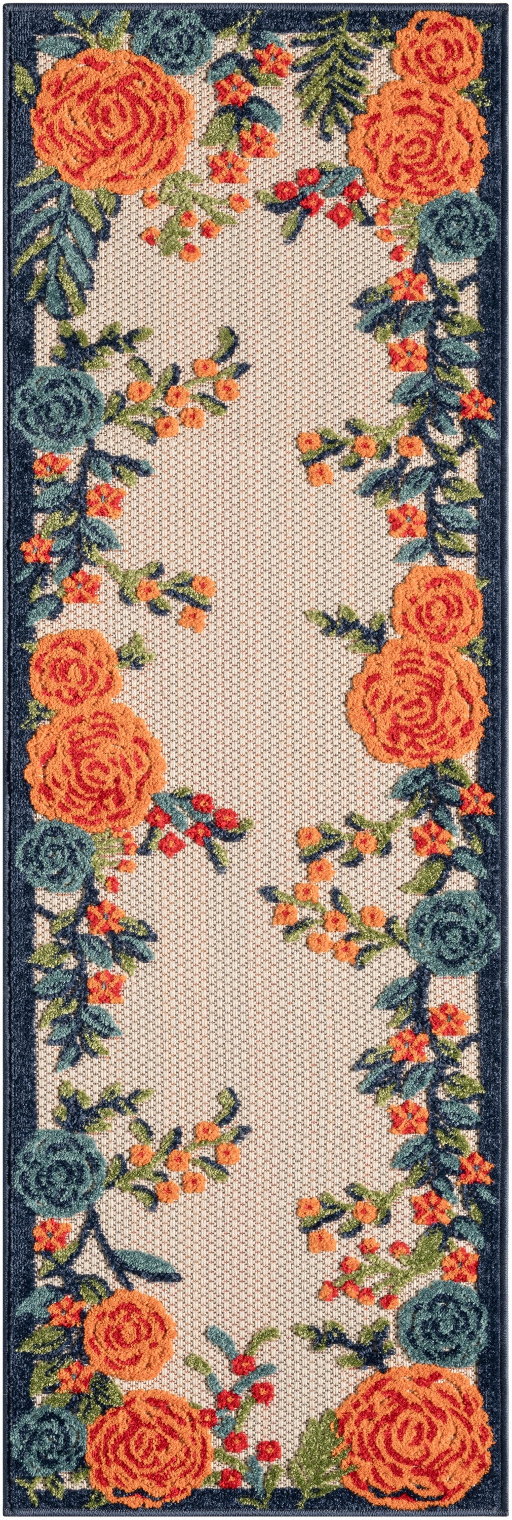 6' Red Beige Blue Orange And Red Floral Indoor Outdoor Runner Rug Homeroots Outdoor