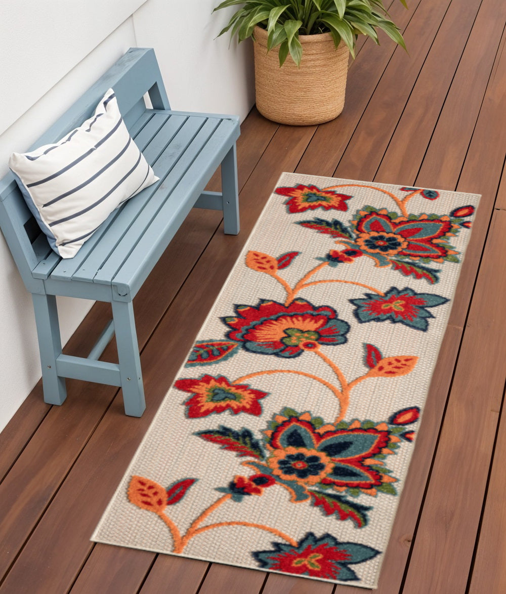 6' Red Beige Blue Orange And Red Floral Indoor Outdoor Runner Rug Homeroots Outdoor