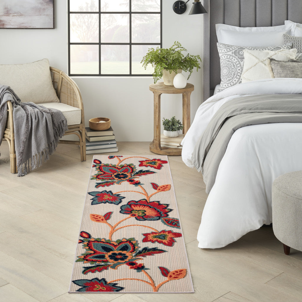 6' Red Beige Blue Orange And Red Floral Indoor Outdoor Runner Rug Homeroots Outdoor