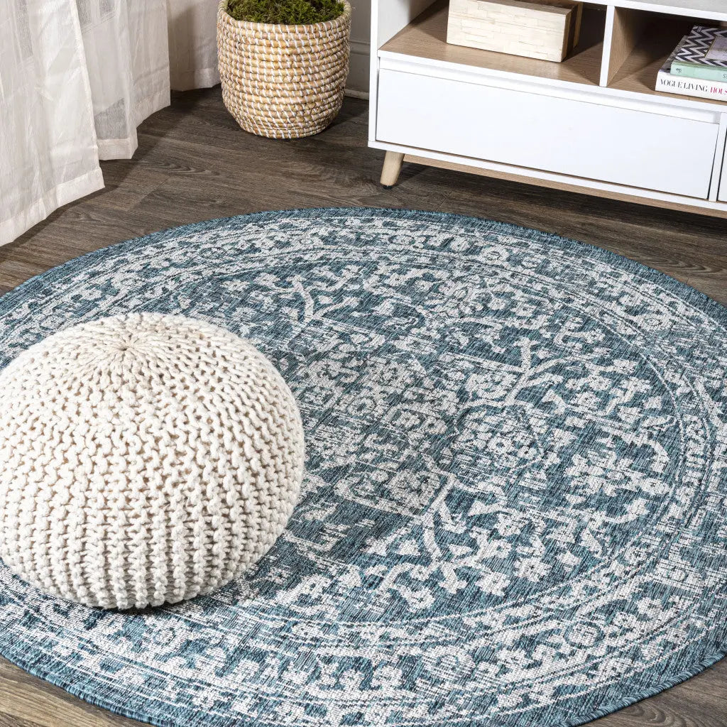 6' Teal Blue And Gray Round Medallion Indoor Outdoor Area Rug Homeroots Outdoor