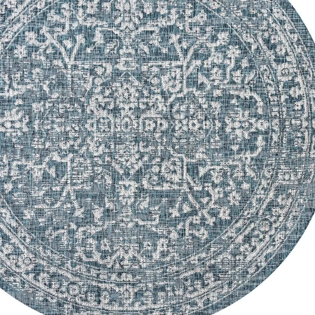 6' Teal Blue And Gray Round Medallion Indoor Outdoor Area Rug Homeroots Outdoor