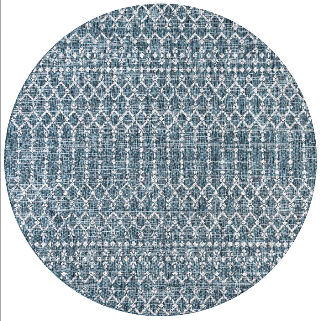 6' Teal Blue And Gray Round Trellis Indoor Outdoor Area Rug Homeroots Outdoor