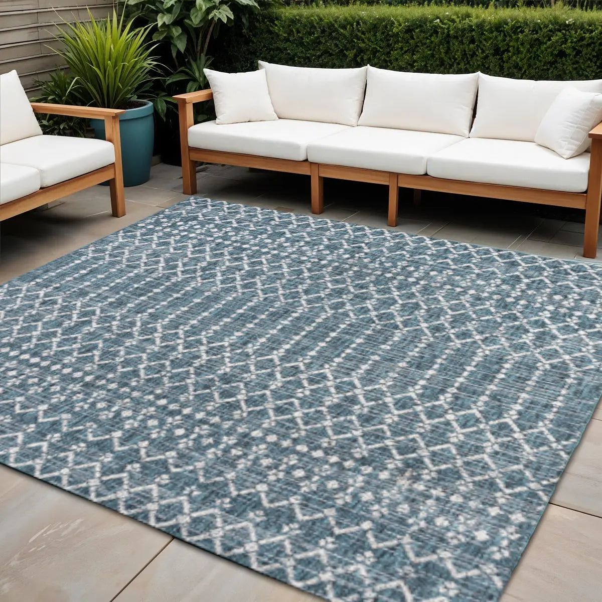 6' Teal Blue And Gray Square Trellis Indoor Outdoor Area Rug Homeroots Outdoor