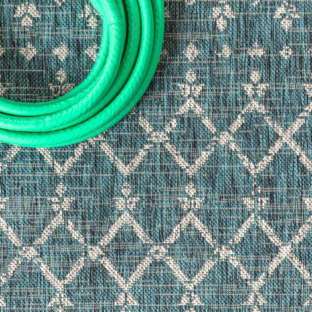6' Teal Blue And Gray Square Trellis Indoor Outdoor Area Rug Homeroots Outdoor
