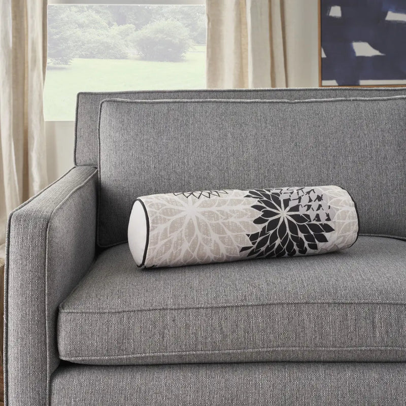 6" X 20" Black Gray and White Bolster Floral Indoor Outdoor Throw Pillow Homeroots Outdoor