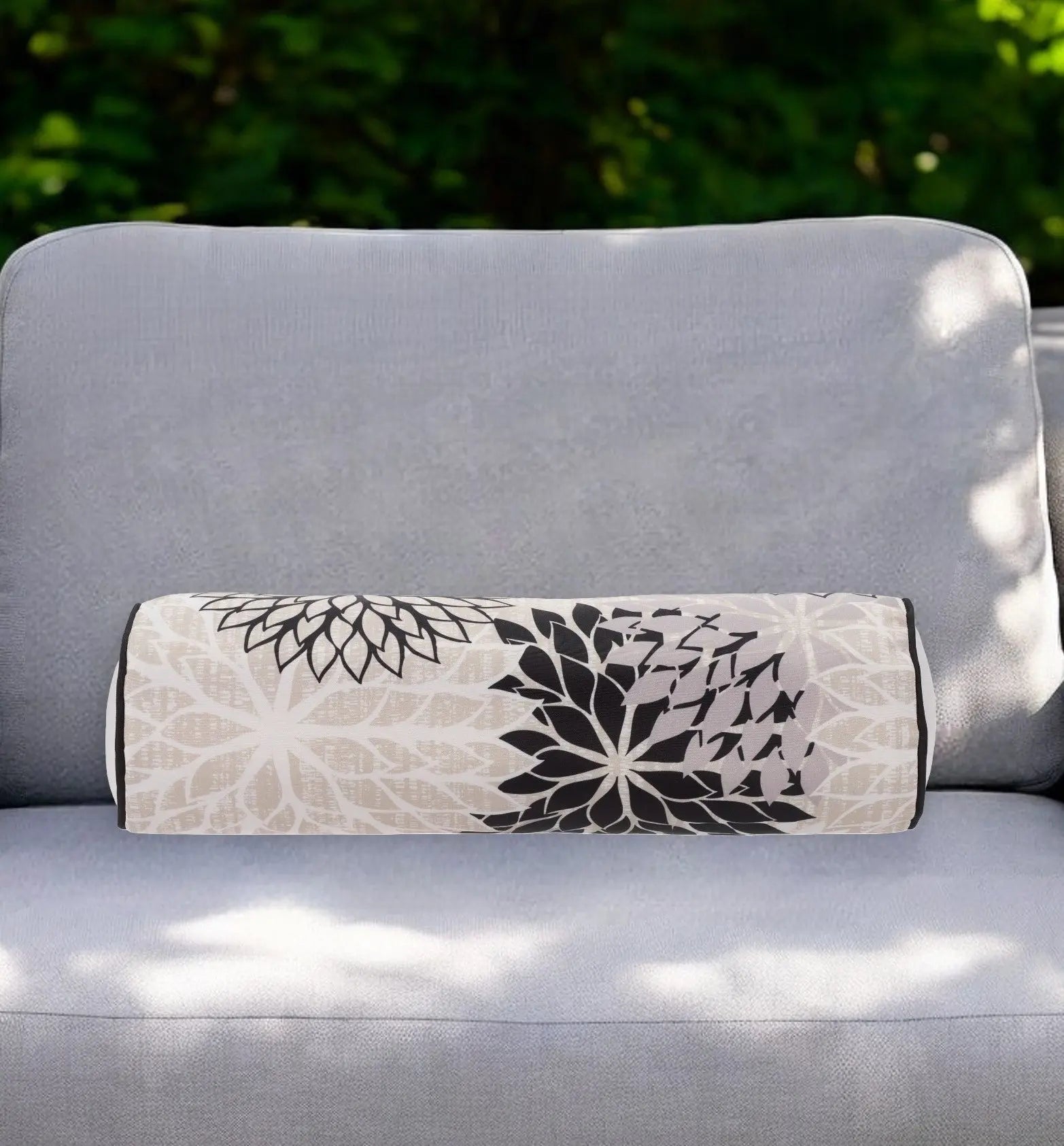 6" X 20" Black Gray and White Bolster Floral Indoor Outdoor Throw Pillow Homeroots Outdoor