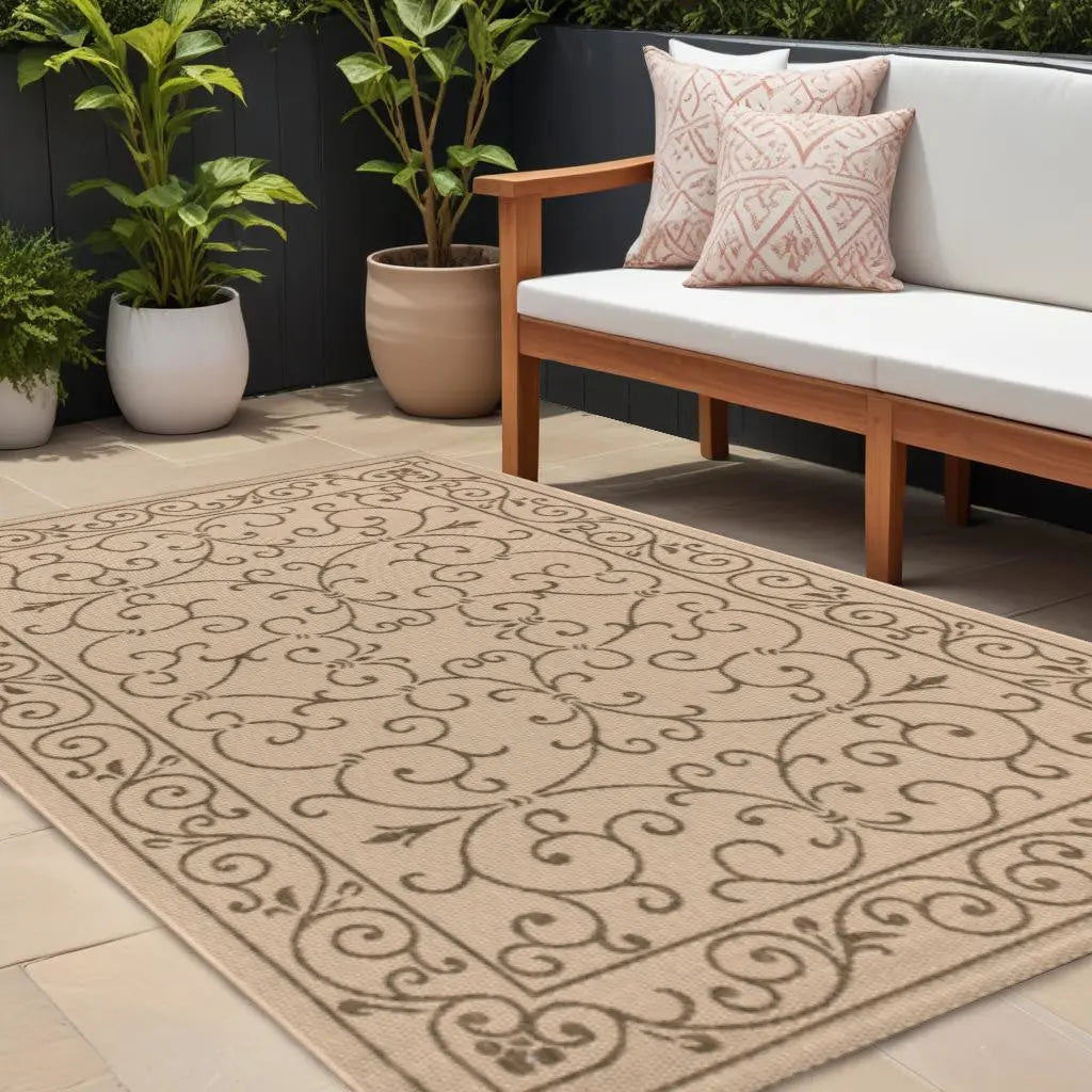 6' X 9' Beige And Brown Medallion Indoor Outdoor Area Rug Homeroots Outdoor