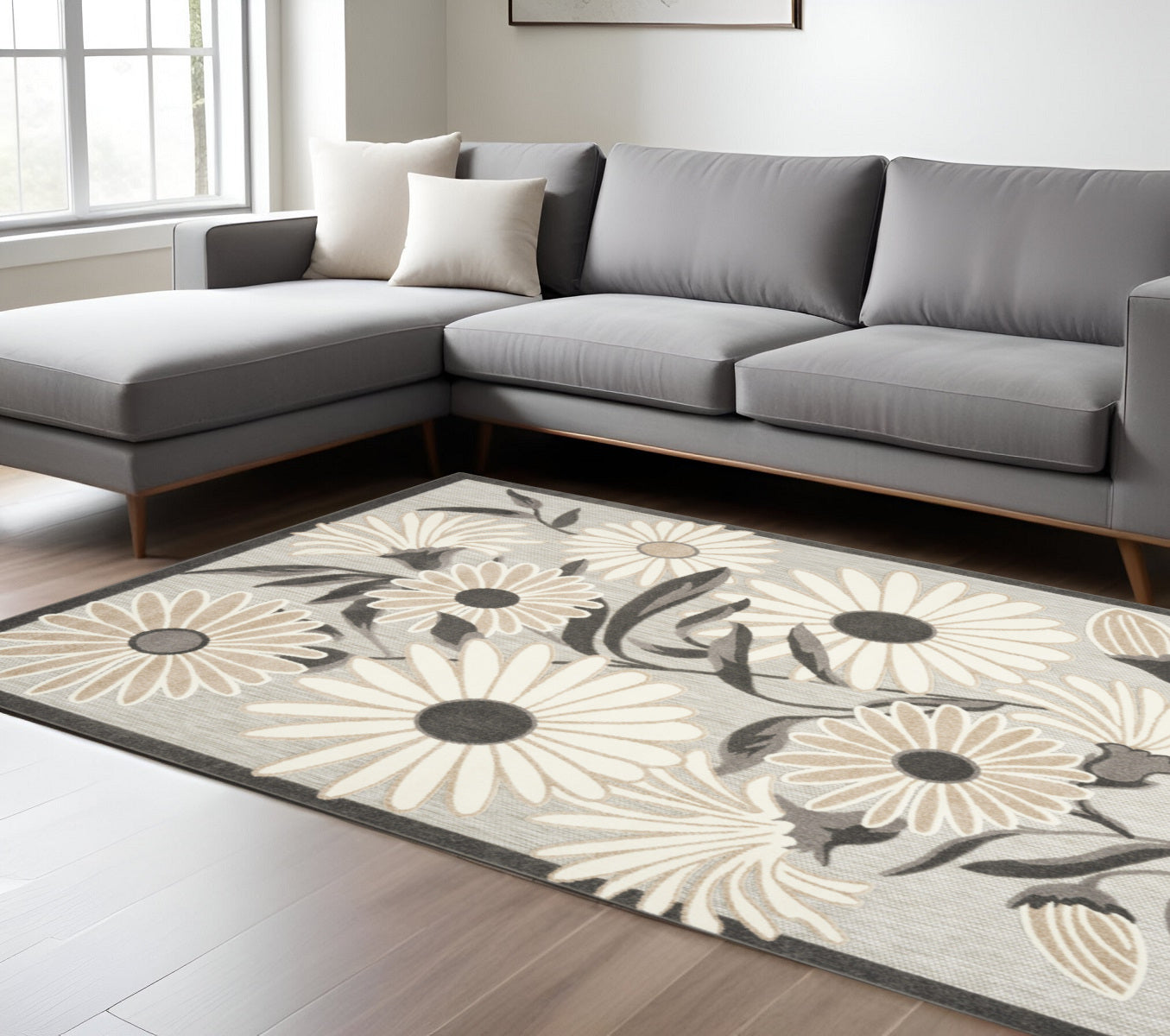 6' X 9' Beige Floral Stain Resistant Non Skid Area Rug Homeroots Outdoor