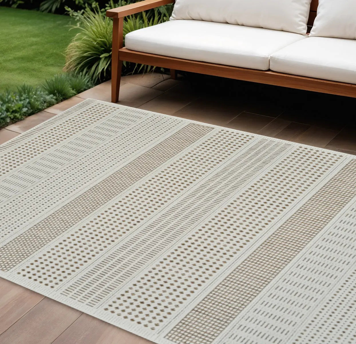 6' X 9' Beige and Brown Geometric Distressed Indoor Outdoor Area Rug Homeroots Outdoor