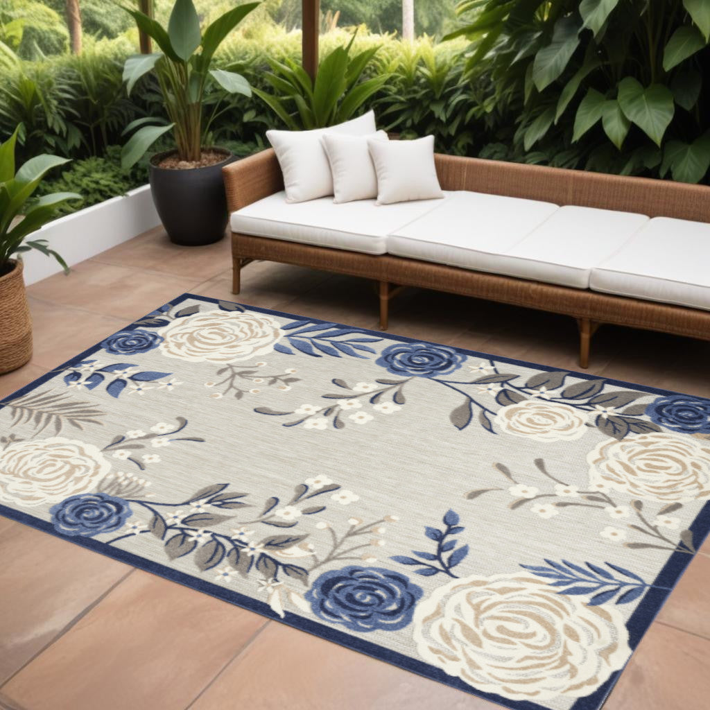 6' X 9' Blue And Grey Floral Stain Resistant Non Skid Area Rug Homeroots Outdoor