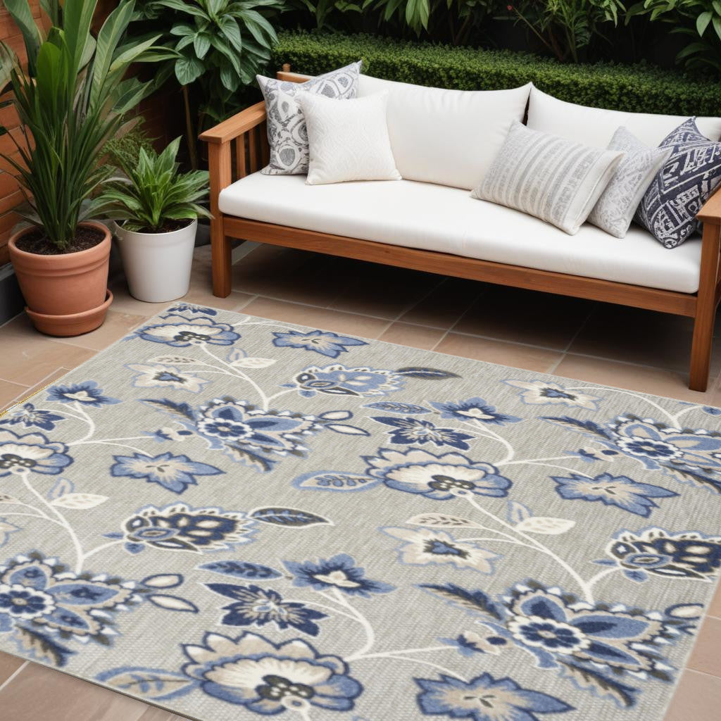 6' X 9' Blue And Grey Floral Stain Resistant Non Skid Area Rug Homeroots Outdoor