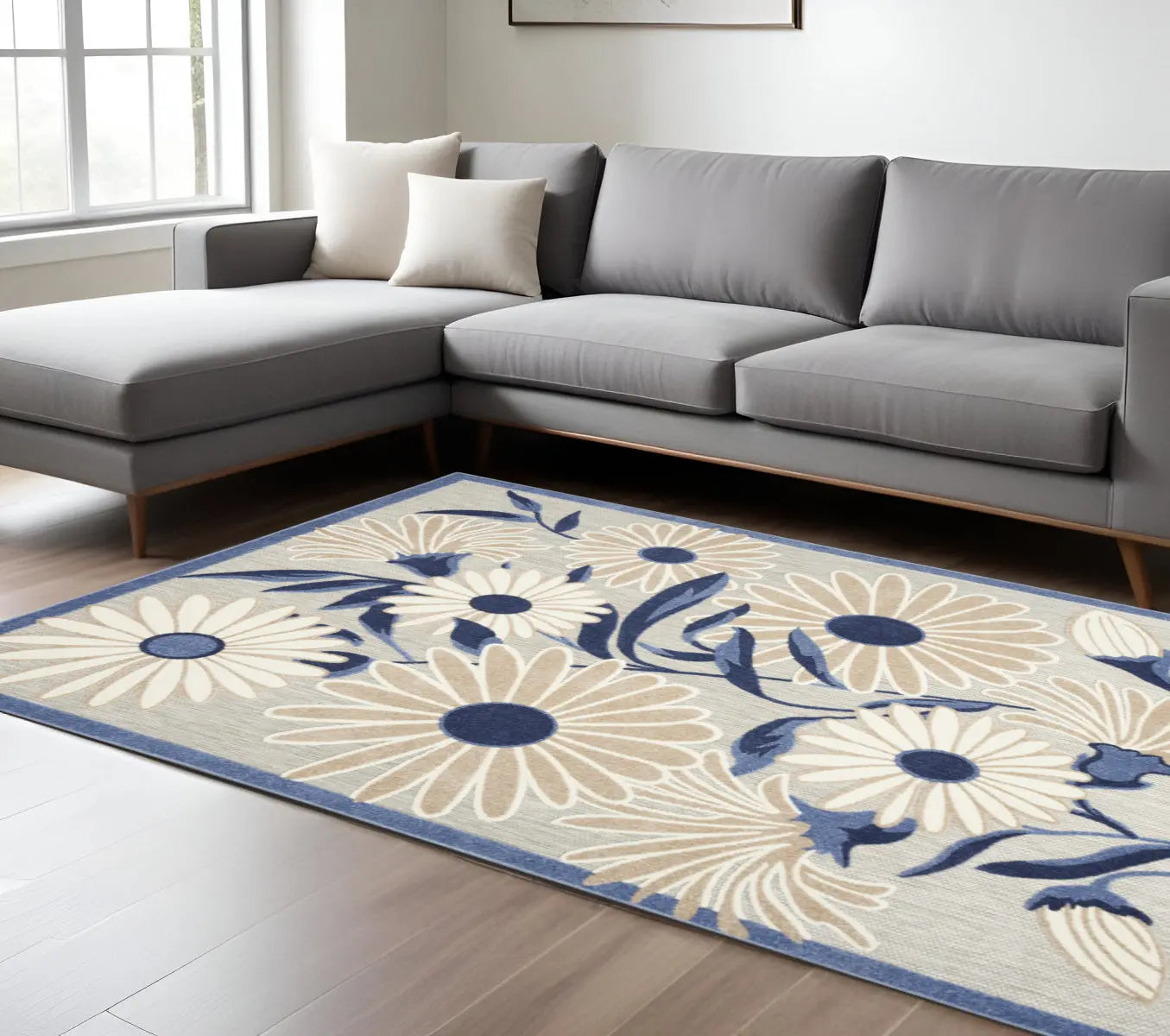 6' X 9' Blue And Grey Floral Stain Resistant Non Skid Area Rug Homeroots Outdoor