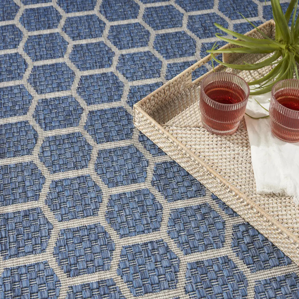 6' X 9' Blue And Ivory Geometric Indoor Outdoor Area Rug - GreatEagleInc