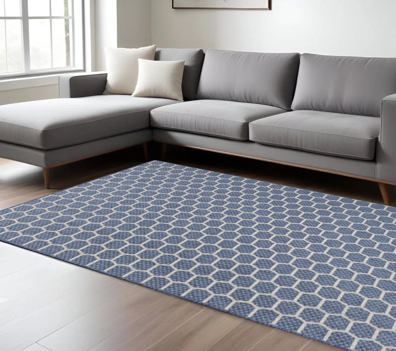 6' X 9' Blue And Ivory Geometric Indoor Outdoor Area Rug - GreatEagleInc