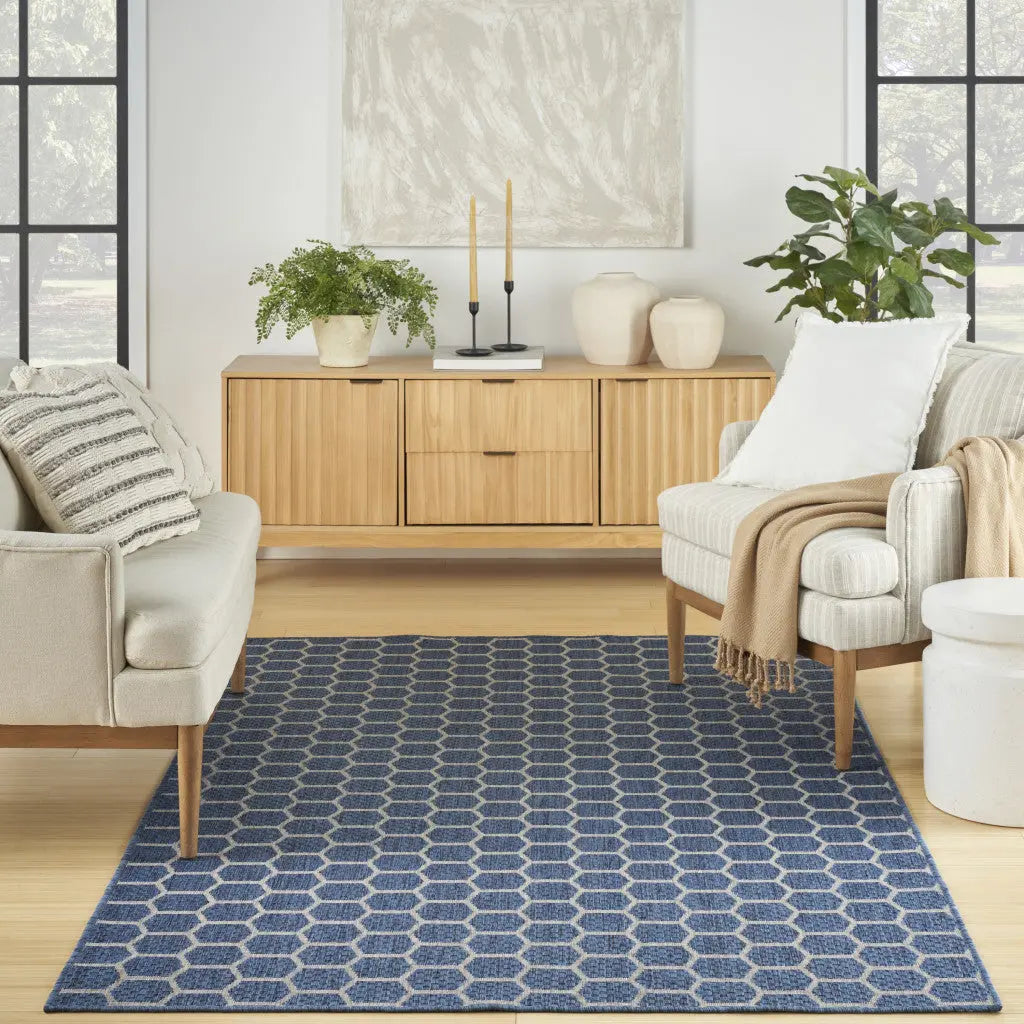 6' X 9' Blue And Ivory Geometric Indoor Outdoor Area Rug - GreatEagleInc