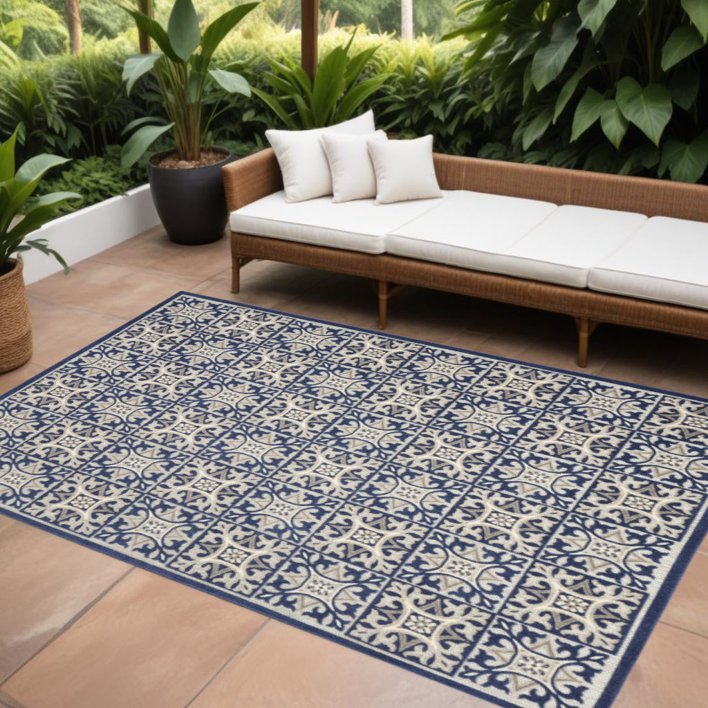 6' X 9' Blue Fleur De Lis Stain Resistant Non Skid Area Rug Homeroots Outdoor