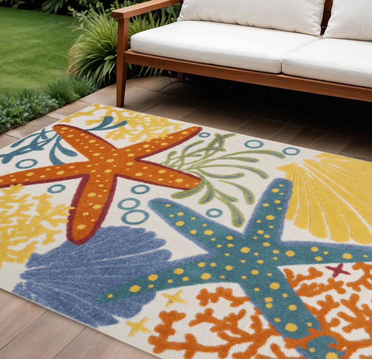 6' X 9' Blue Yellow And Orange Starfish Indoor Outdoor Area Rug Homeroots Outdoor