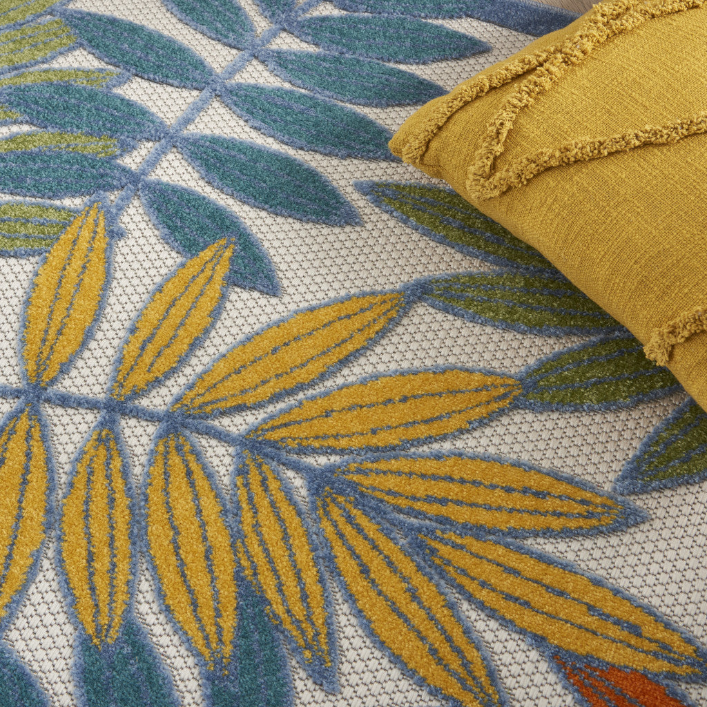 6' X 9' Ivory Blue Orange And Green Botanical Leaves Indoor Outdoor Area Rug Homeroots Outdoor