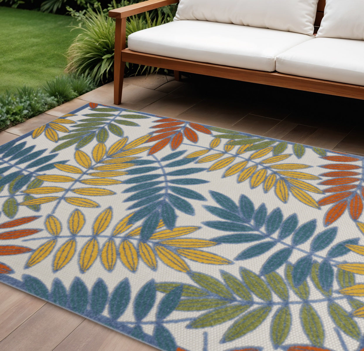 6' X 9' Ivory Blue Orange And Green Botanical Leaves Indoor Outdoor Area Rug Homeroots Outdoor